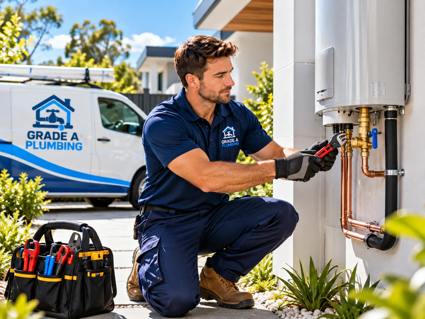 plumber working beside a hot-water system; not a verified Grade A Plumbing staff photo